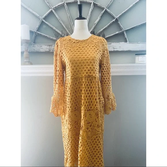 Orange Creek Mustard Lace Midi Dress Size Small - Picture 5 of 16